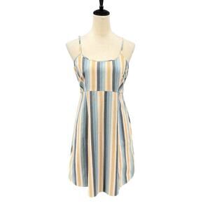 Knot Sisters Linen Cotton Blend Neutral Stripe Cutout Back Strappy Mini Dress